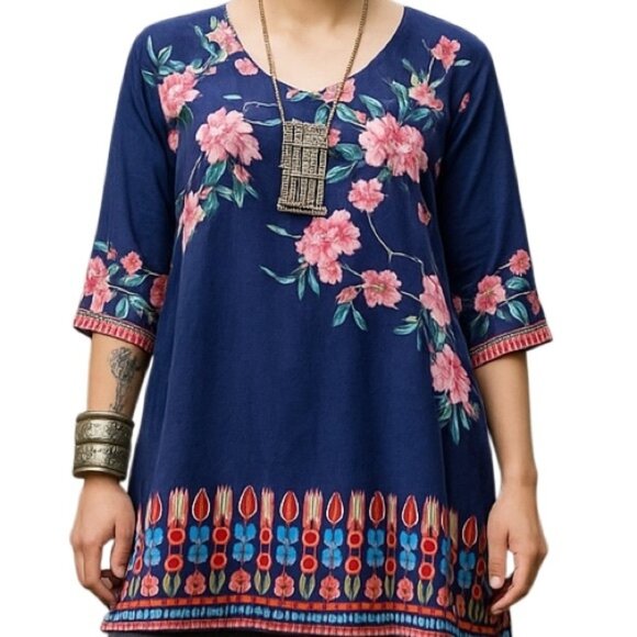 Johnny Was Zado Floral Print Women's V-Neck Georgette Tunic Top - Picture 2 of 10